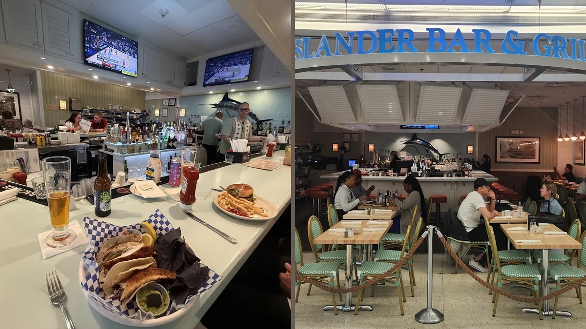 Airport-area dining room with simple seating.