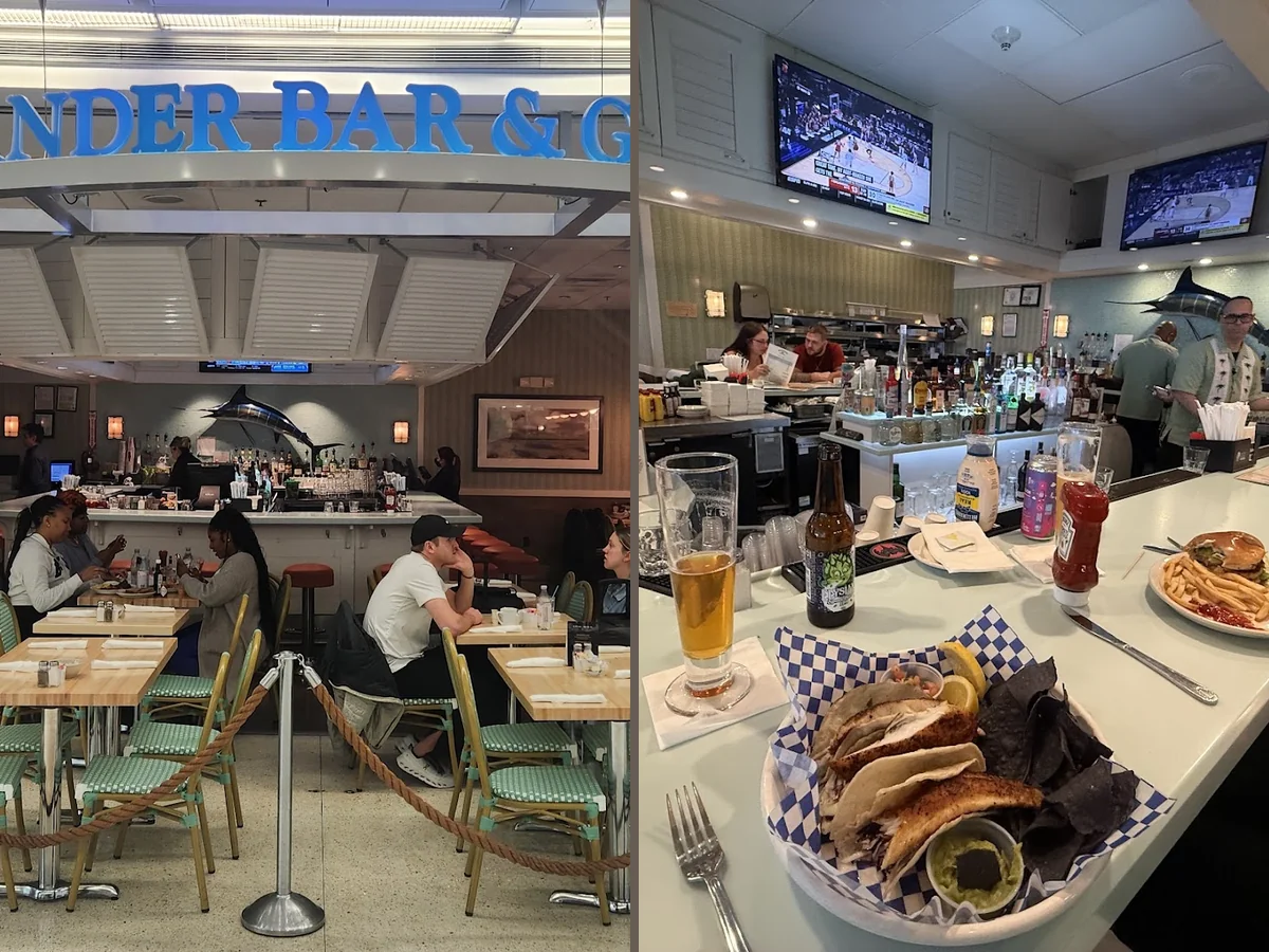 Casual bar seating inside a Miami grill.